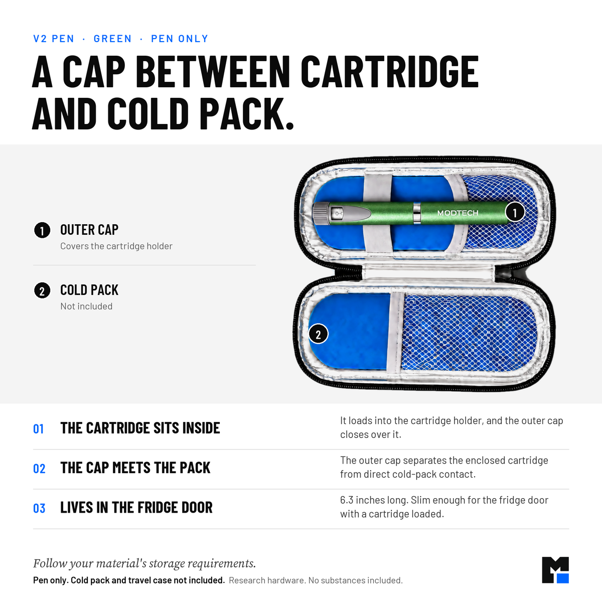 Green V2 pen: outer cap separates the enclosed cartridge from direct cold-pack contact. Pen only; cold pack and travel case not included.