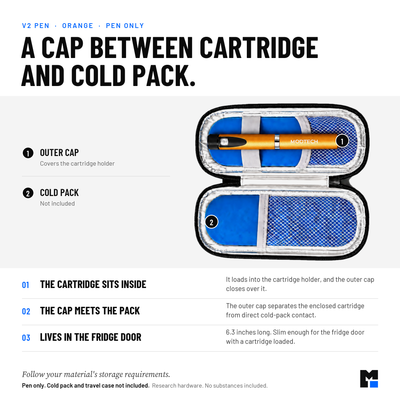 Orange V2 pen: outer cap separates the enclosed cartridge from direct cold-pack contact. Pen only; cold pack and travel case not included.