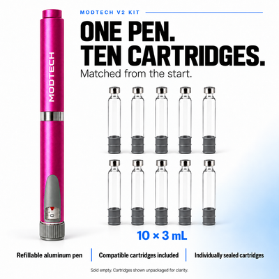 One pink MODTECH V2 refillable pen and ten empty 3 mL cartridges. Matched from the start; cartridges individually sealed and shown unpackaged.