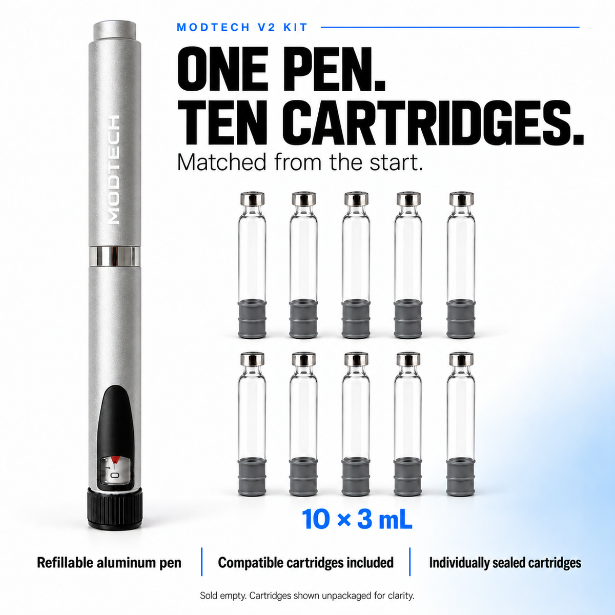 One silver MODTECH V2 refillable pen and ten empty 3 mL cartridges. Matched from the start; cartridges individually sealed and shown unpackaged.