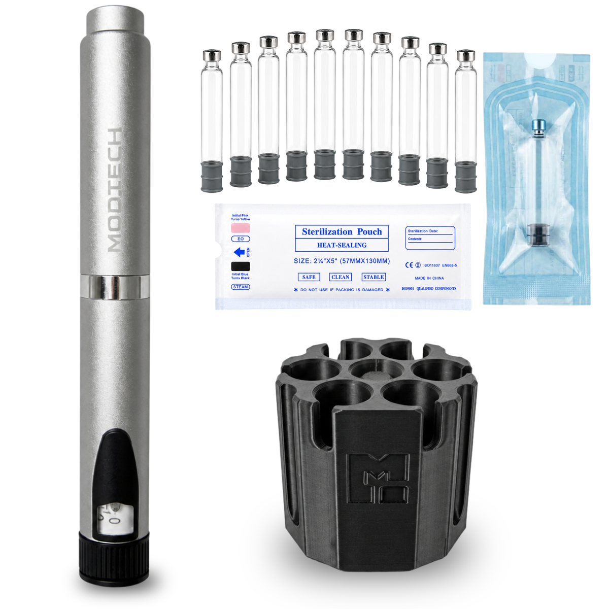 Silver V2 pen with ten empty 3 mL glass cartridges, a sterilization pouch label, one cartridge sealed in its pouch, and the black purge station