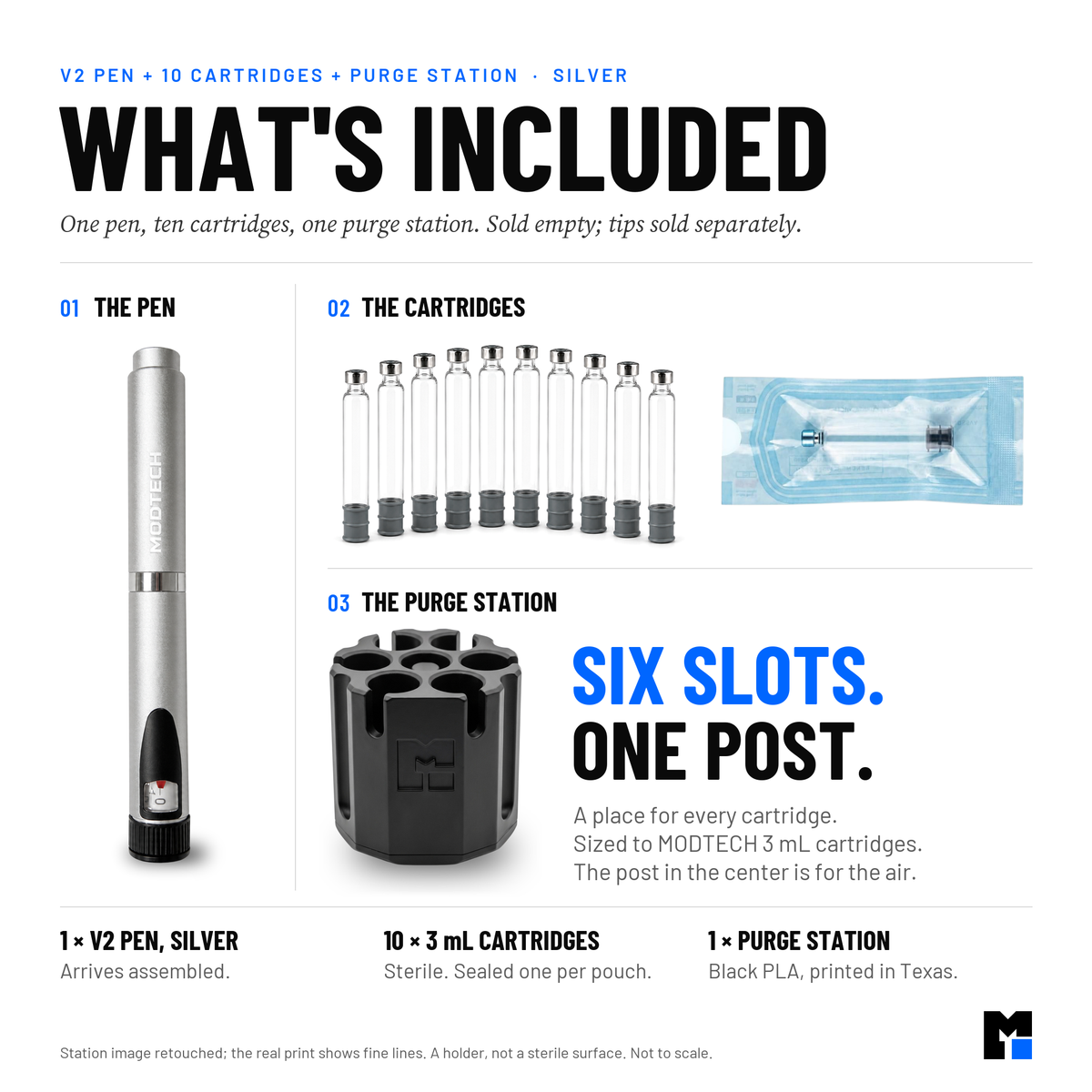 What's included: one silver V2 pen, ten sterile 3 mL cartridges sealed one per pouch, and one black purge station with six slots and a center purge post