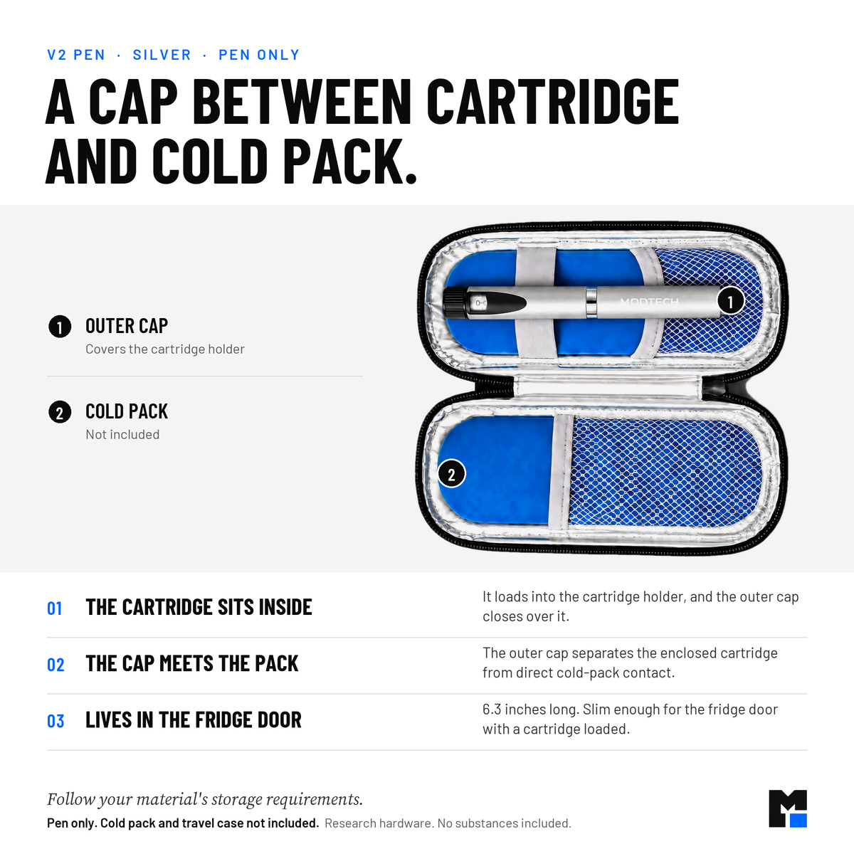 Silver V2 pen: outer cap separates the enclosed cartridge from direct cold-pack contact. Pen only; cold pack and travel case not included.