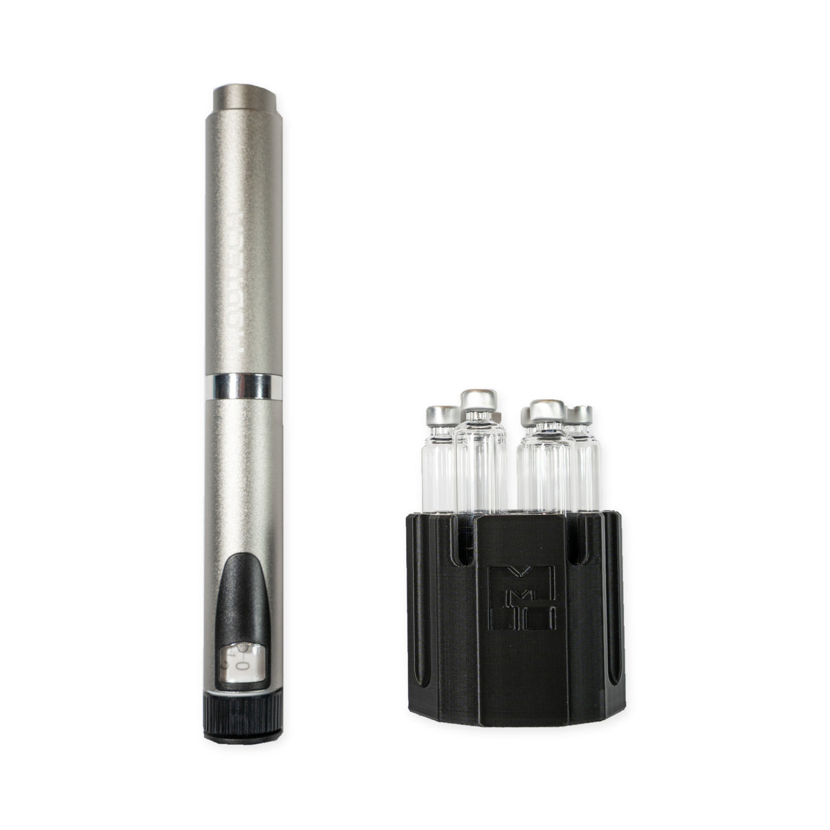 Silver MODTECH V2 pen standing beside the purge station holding six 3 mL glass cartridges