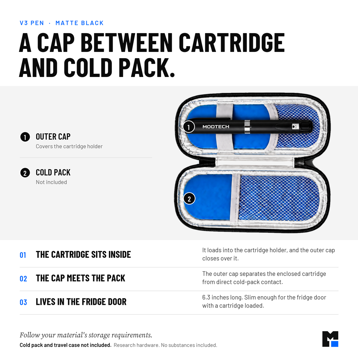 Black V3 pen: outer cap separates the enclosed cartridge from direct cold-pack contact. Cold pack and travel case not included.