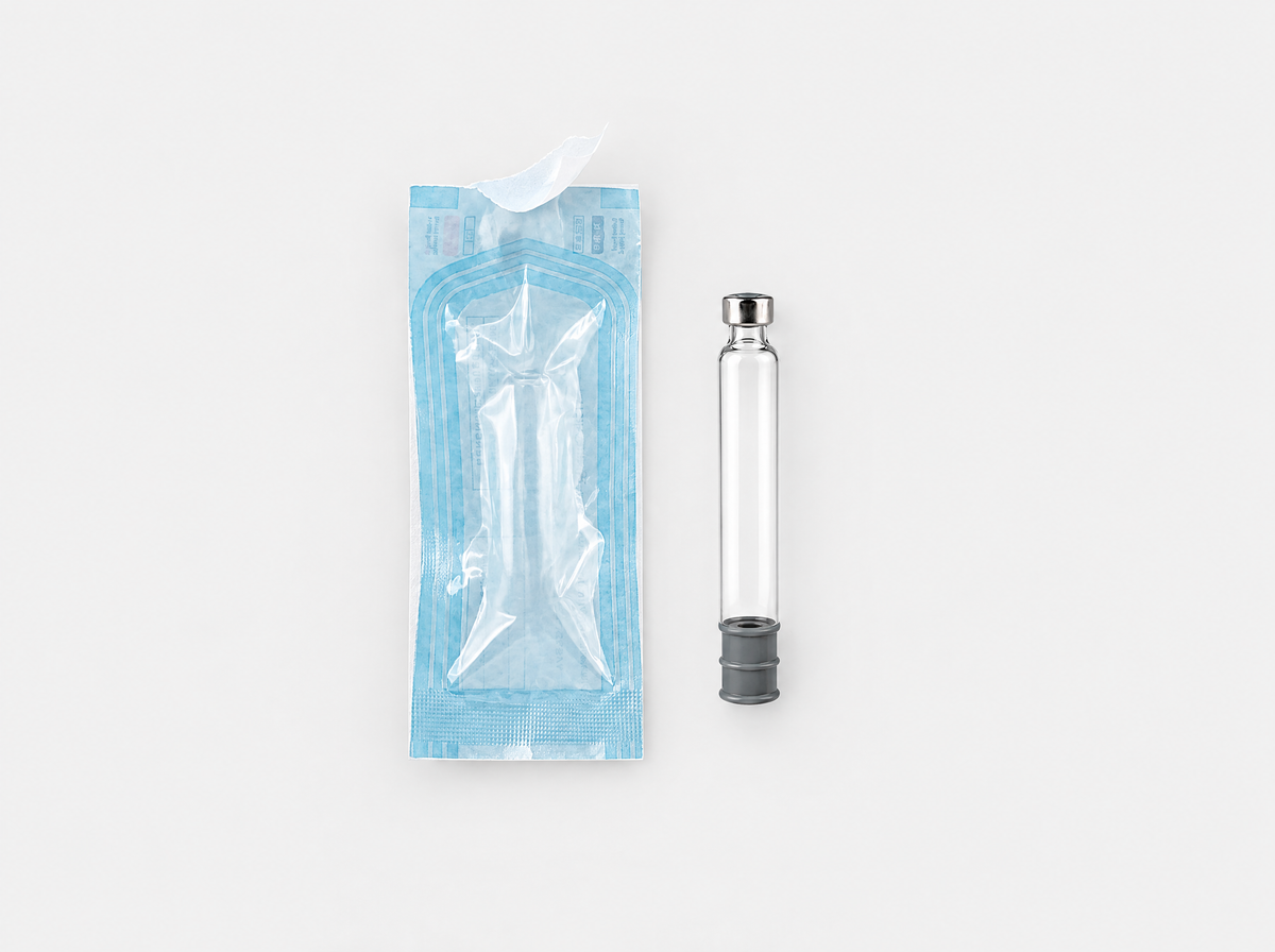 One sterilization pouch peeled open beside the empty 3 mL glass cartridge it held, gray stopper and aluminum cap