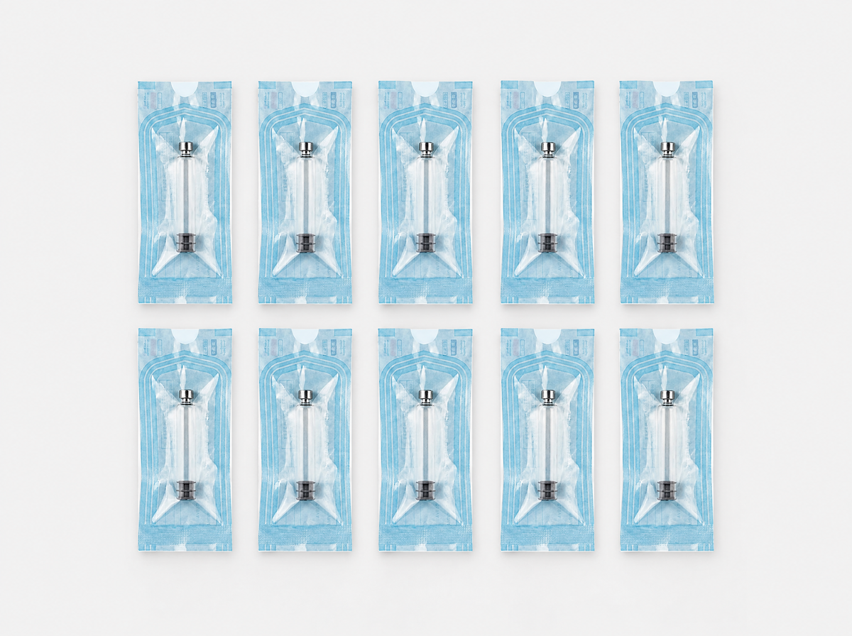 Ten empty 3 mL glass cartridges, each sealed in its own sterilization pouch