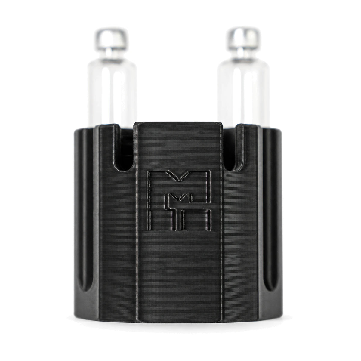 MODTECH purge station from the front, with the M logo and two 3 mL glass cartridges standing in the slots