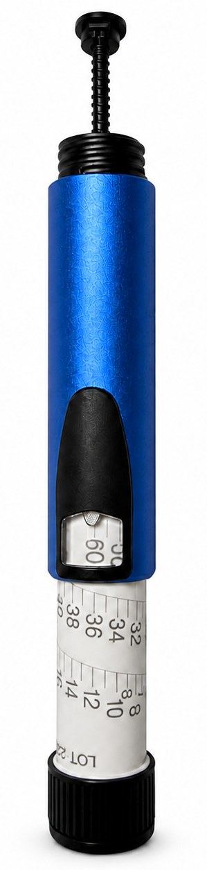 V2 pen with the cartridge holder removed, showing the screw rod, dispense window and dial